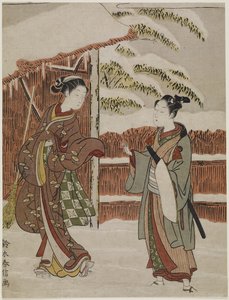Mitate of a kohtaus Kabuki Play -lehden naisten versiosta Ptted Trees, c. 1768 tekijältä Suzuki Harunobu