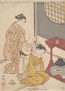 Night Rain at the Double-Shelf Stand, n.1766 (puupalikkaprintti) tekijältä Suzuki Harunobu