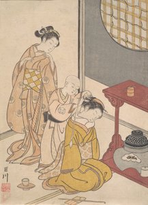 Yösade Double-Shelf Standissa, sarjasta Eight Parlor Views Zashiki hakk..., ca. 1766. tekijältä Suzuki Harunobu
