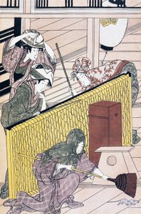Palvelija jahtaa hiiriä talossa, Suzuki Harunobu (1725-1770) ukiyo-e-taidevedos, puupiirros, japanilainen sivilisaatio, Edo-kausi tekijältä Suzuki Harunobu