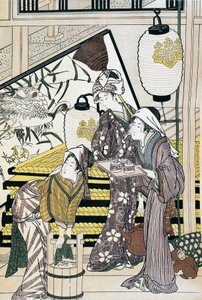 Kotona uurastavat palvelijat, Suzuki Harunobu (1725-1770) ukiyo-e-taidevedos, puupiirros, japanilainen sivilisaatio, Edo-kausi tekijältä Suzuki Harunobu