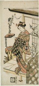 Näyttelijä Segawa Kikunojo II kurtisaani Umegaena näytelmässä "Hiragana Seisuiki", joka esitettiin Ichimura-teatterissa ensimmäisen kuukauden aikana, 1764 tekijältä Suzuki Harunobu