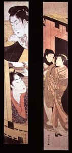 Tehtävä: Kaksi rakastajaa portilla, n. 1768 (värillinen puupainatus) tekijältä Suzuki Harunobu