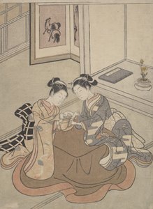 Kaksi nuorta naista istuvat Kotatsu Playing Cat