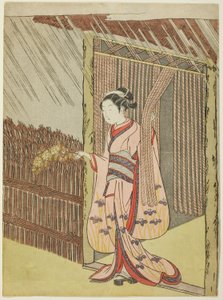 Nainen pitelee Kerria Flowers in the Rain -oksaa (Ota Dokanin parodia) tekijältä Suzuki Harunobu
