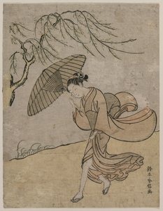 Nainen juoksee pajupuun ohi tuulessa, 1766 tai 1767. tekijältä Suzuki Harunobu