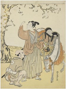 Nuori samurai katselee kirsikankukkia prinssi Kaorun mitaattina, n. 1767 tekijältä Suzuki Harunobu
