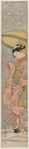Nuori nainen seisoo sateenvarjon alla lumessa, 1767-1768. tekijältä Suzuki Harunobu