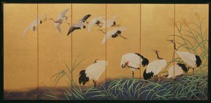 Kuusikertainen näyttö, joka kuvaa ruokoa ja nostureita, Edo-kausi, japanilainen, 1800-luku (väri kullatulla silkillä)