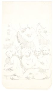 Gruppe med siddende figurer med korslagte arme i forgrunden. Studieblad efter relieffer i Borobudur, Java.