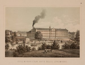 Puuvillatehdas, Stromsbro, Ruotsi, n. 1840 (väri litho) tekijältä Swedish School