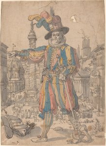 Sveitsinkaartin Giovanni Grosso seisomassa Rooman näkymän edessä tekijältä Swiss 17th Century after Francesco Villamena