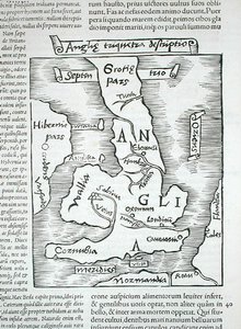British Isles, teoksesta "Polyhistor of things ympäri maailman...", kirjoittanut Caius Julius Solinus, julkaistu Basel 1543 (puupiirros) tekijältä Swiss School