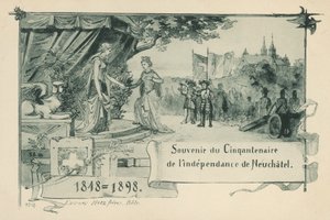50 vuotta siitä, kun Neuchatel julisti itsensä tasavallaksi Sveitsin valaliitossa vuonna 1848 (litho) tekijältä Swiss School