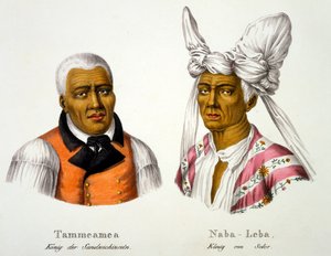 Tamara, Sandwichsaarten kuningas, eurooppalaisessa mekossa Naba-Leban, Auringon kuninkaan kanssa, alkuperäisessä päähineessä ja eurooppalaisessa mekossa, eri maanosien eri rotujen etnologisesta tutkimuksesta tekijältä Swiss School