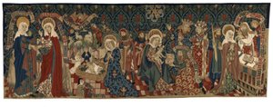 Selkä kuvakudos, jossa on neljä kohtausta Neitsyen elämästä, Baselista, n. 1450-1475 (villa- ja valkoiset pellavalangat) tekijältä Swiss School