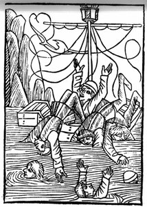 Legend of Saint Brendan (Brandan), sankari ja 6. vuosisadan irlantilainen pyhimys Laivat uppoavat Cleves-merellä. Kaiverrus "" Die Wunderbare Meerfahrt des Hl. Brandan." Paali tekijältä Swiss School