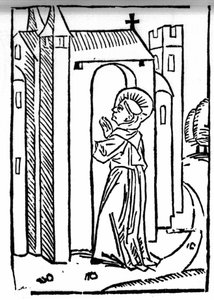 Legenda Saint Brendanista (Brandan), sankareista ja irlantilaisesta 6. vuosisadan pyhimyksestä. Pyhän paluulla on hänen luostarinsa. Kaiverrus "" Die Wunderbare Meerfahrt des Hl. Brandan." Paali tekijältä Swiss School