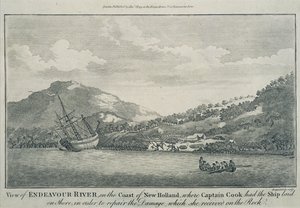 Kapteeni Cook, joka on haaksirikkoutunut matkallaan maailman ympäri, on korjannut Endeavourin satamassa yhdellä Hope Islandista, n. 1786 (kaiverrus)
