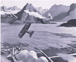 Brittiläiset tiedustelijat lähtevät lentopaikaltaan partioidessaan Asiagon ylängöllä Italiassa, Collinsin julkaisemasta British Adventure -teoksesta vuodelta 1947. tekijältä Sydney Carline