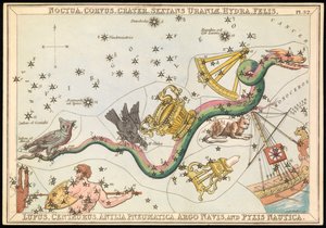 Noctua, Corvus, Crater, Sextans Uraniae, Hydra, Felis, Lupus, Centaurus, Antilia Pnuematica, Argo Navis ja Pysix Nautica, n.1825 (kortti, paperi, kudos).