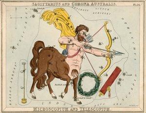 Jousimies ja Corona Australis. Microscopium ja Telescopium, noin 1825 (kortti, paperi, kudos).