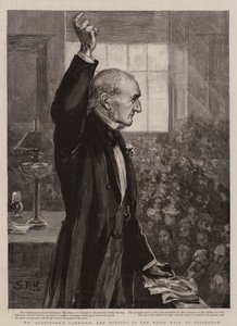 Mr Gladstonen kampanja, kokous Edinburghin musiikkihallissa (kaiverrus)