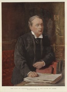 Earl of Rosebery puhumassa House of Lordsissa (väri litho)