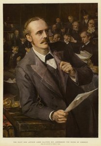 Oikeus arvoisa Arthur James Balfour, kansanedustaja, puhuu alahuoneessa (väri litho)