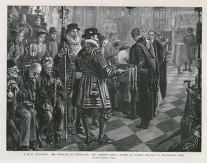 Kuninkaallinen almujen anto (kaiverrus) tekijältä Sydney Prior Hall
