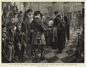 Kuninkaallinen almujen antaminen, Hänen Majesteettinsa kuninkaallisen ruusun jakoseremonia suurena torstaina Westminster Abbeyssa tekijältä Sydney Prior Hall