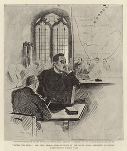 Musiikin edessä herra Cecil Rhodes on Etelä-Afrikan tutkintakomitean tutkimassa