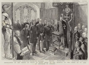 Walesin prinssin nimittäminen Jerusalemin Pyhän Johanneksen ritarikunnan sairaalan suurprioriksi Englannissa tekijältä Sydney Prior Hall