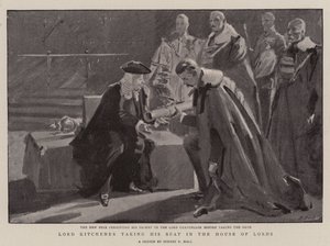 Lord Kitchener ottaa paikkansa Lordihuoneessa tekijältä Sydney Prior Hall