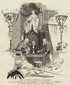 Lontoon Cityn vapauden esitys Sir John Gilbertille, RA, Guildhallissa tekijältä Sydney Prior Hall