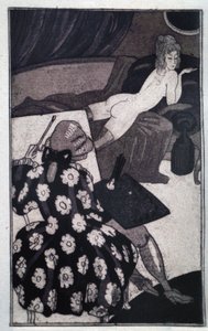 Erotiikka: Giacomo Casanova (1725-1798) kuvaa pitkänomaista rakastajattaraan ikävästi alasti sohvalla (etsaus)