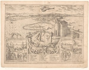 Näkymä Cádizin niemelle Gades ab occiduis insulae partibus (otsikko esineessä) tekijältä Symon Novelanus (possibly)