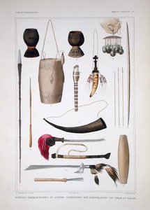 Aseet ja rituaaliesineet Timorista, Coenraad Jacob Temminckin julkaisusta "Discourses on the Natural History of Dutch Overseas Possessions", osa I, kaiverrus Salomon Muller, julkaistu 1839-44 (värilitho) tekijältä T.C. (after) Bruining