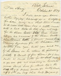 Kirje allekirjoitettu T.F. Smith, Rock Island, Henry Chouteaulle, St.Louis, Mo., 18. lokakuuta 1834 tekijältä T.F. Smith