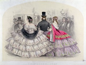 Krinoliinia pukeutuvat naiset Italian kuninkaallisessa oopperassa Covent Gardenissa, 1859 (värikaiverrus) tekijältä T. H. Guerin