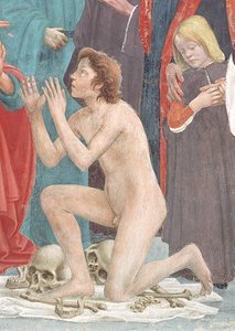 Yksityiskohta ylösnousseesta lapsesta, Theofiluksen pojan herättämisestä ja Antiokian ensimmäisenä piispana valtaistuimesta Pietarista, n. 1427 ja n. 1484–1485 (63302:n yksityiskohta)