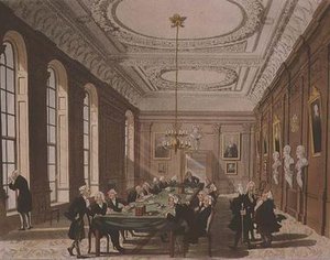College of Physicians from Ackermannin "Microcosm of London" (värikaiverrus) tekijältä T. and Pugin A.C. Rowlandson