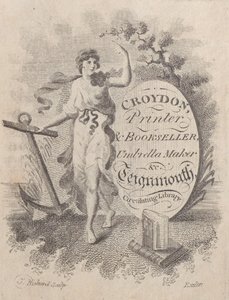 Kauppakortti Croydonille, painotalolle, kirjakauppiaalle ja sateenvarjovalmistajalle, 1800-luku, 1800-luku. tekijältä T. Rickard
