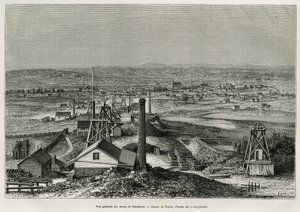 Yleiskuva Sandhurstin kaivoksista, kaiverrus Taylorin piirustuksen jälkeen tarinan havainnollistamiseksi kuusi kuukautta Australiassa, Desire Charnay, yleissivistävän ministeriön lähetystyö, vuonna 1878, julkaistu tour du mondessa, johdolla
