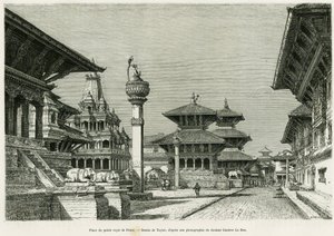 Patanin kuninkaallisen palatsin paikka (nykyinen Lalitpur). Taylorin kaiverrus havainnollistamaan tarinaa Voyage au Nepal, kirjoittanut tohtori Gustave Le Bon (1841-1931), in le tour du monde 1886, ohjannut Edouard Charton (1807-1890), Hachette, Pariisi.