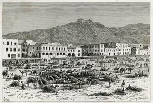 Adenin (Jemen) marssi. Taylorin kaiverrus havainnollistamaan tarinaa "" Matka Benadirille, Somalialle ja Bayounille"", vuosina 1882-1883, kirjoittanut M.G.Revoil. Julkaistu Le Tour du monde -lehdessä, nouveau journal des voyages