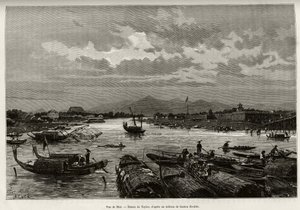 Näkymä Hueen (Vietnam), jossa on kuvaus navigoinnista Song Huong -joella ja Thien Mu -pagodilla, kehäseinien takana. Taylorin kaiverrus havainnollistamaan tohtori Charles Edouard Hocquardin (1853-1911) tarinaa "" Trente mois au Tonkin"" vuonna 1885