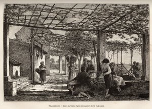 Villa Menton, kaiverrus Taylorin piirustuksen jälkeen, havainnollistaen Mentonin ja Bordhigheran matkaa, vuonna 1871, kirjoittanut Adolphe Joanne, julkaistu "Le tour du monde"" 1874, toimittanut Edouard Charton, Hachette painos, Pariisi. Selva Collection.