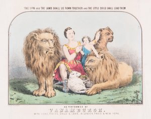 Leijona ja lammas makaavat yhdessä ja pieni lapsi johtaa heitä, n. 1840 (akvarelli paperille) tekijältä T. W. Strong