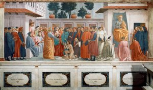 Theofiluksen pojan, Antiokian kuninkaan ja Antiokian ensimmäisenä piispana istuvan pyhän Pietarin herättäminen, n. 1427 ja n. 1480 (fresko) tekijältä T. Masaccio, F. Lippi
